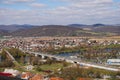 View of the Vah river and railway bridge at Trencin, Slovakia. Royalty Free Stock Photo