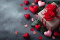 view Valentines Day background gift box, red hearts, roses, presents Royalty Free Stock Photo