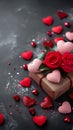 view Valentines Day background gift box, red hearts, roses, presents Royalty Free Stock Photo