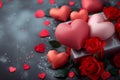 view Valentines Day background gift box, red hearts, roses, presents Royalty Free Stock Photo