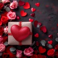 view Valentines Day background gift box, red hearts, roses, presents Royalty Free Stock Photo