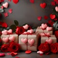 view Valentines Day background gift box, red hearts, roses, presents Royalty Free Stock Photo