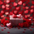 view Valentines Day background gift box, red hearts, roses, presents Royalty Free Stock Photo