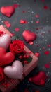 view Valentines Day background gift box, red hearts, roses, presents Royalty Free Stock Photo