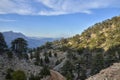 View of the valley with Lebanese cedars and Taurus mountains near Tahtali mountain. Hiking on Lycian Way