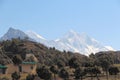 Snowy peaks of the Everest and Lhotse mountains from valley near Namche Bazaar town Royalty Free Stock Photo