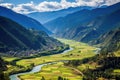 View of the valley and the river in the Himalayas. Aerial view of Paro Valley Bhutan, AI Generated