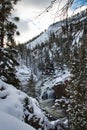 View of valley and snow covered waterfall in Yellowstone National Park Royalty Free Stock Photo