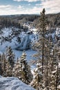 View of valley and snow covered waterfall in Yellowstone National Park Royalty Free Stock Photo