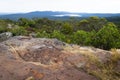 View into the valley and to a lake at Reeds Lookout, Grampians, Victoria, Australia Royalty Free Stock Photo