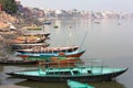 View of Varanasi with boats on sacred Ganga River