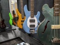 Lynnwood, WA USA - circa May 2022: View of various bass guitars for sale inside a Guitar Center musical instrument store