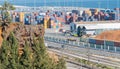 View of various containers stored in the container terminal near water, Setubal, Portugal.