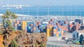 View of various containers stored in the container terminal near water, Setubal, Portugal.