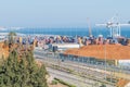 View of various containers stored in the container terminal near water, Setubal, Portugal.