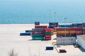 View of various containers stored in the container terminal near water, Setubal, Portugal.