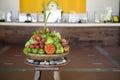 View of various exotic fruit presented at reception desk of hotle Royalty Free Stock Photo