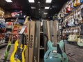 Lynnwood, WA USA - circa May 2022: View of various guitars for sale inside a Guitar Center musical instrument store