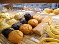 View of various pies appetizing confectioneries in pastry shop as a background