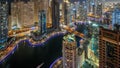 View of various skyscrapers in tallest recidential block in Dubai Marina aerial night timelapse Royalty Free Stock Photo