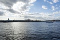 view of Vasilievsky island at sunset, Neva river, St. Petersburg