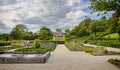 View of the vegetable and formal gardens with fountains in front of the luxury Hotel at The Newt, near Bruton, Somerset, UK