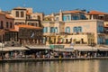 View of Venice harbour in Chania on the island of Crete in Greece. Showing some of the nice restaurants next to the water