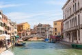 View of The Venice street, colorful houses and canal with boats and Guglie bridge in Venice sunny day, Italy.
