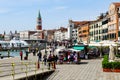 The view of Venice waterfront and St Mark`s Campanile and Doge`s Palace on a beautiful sunny day