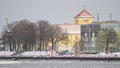 View of Ventspils castle and river Venta in winter day, Velntspils, Latvia