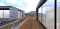View from the veranda of an advanced elite cottage. The floor is covered with eco-friendly wooden planks. Expensive curtains are