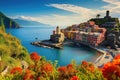 View of Vernazza village in Cinque Terre, Italy, Panorama of Vernazza and suspended garden, Cinque Terre National Park, Liguria, Royalty Free Stock Photo