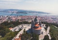 Aerial view of Viana do Castelo, Norte Region, Portugal, with Basilica Santa Luzia Church, shot from drone Royalty Free Stock Photo