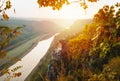 View from viewpoint during sunset of Bastei in Saxon Switzerland, Royalty Free Stock Photo