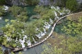View from the viewpoint of waterfalls, lakes and walkways, in the Plitvice Lakes Natural Park, forest reserve located, Croatia