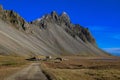 View of a viking village in Stokksnes under Vestrahorn mountain, Iceland Royalty Free Stock Photo