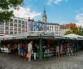 View of Viktualienmarkt a sunny day. It is a daily food market and a square in the center of Munich near Marienplatz