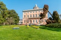 View of Villa Ciani with colorful tulips foreground in the public city park of Lugano.