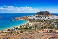 View of village, bay and Acropolis of Lindos Rhodes, Greece Royalty Free Stock Photo