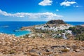 View of village, bay and Acropolis of Lindos Rhodes, Greece Royalty Free Stock Photo