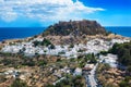 View of village, bay and Acropolis of Lindos Rhodes, Greece