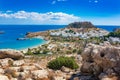 View of village, bay and Acropolis of Lindos Rhodes, Greece Royalty Free Stock Photo