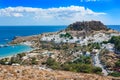 View of village, bay and Acropolis of Lindos Rhodes, Greece Royalty Free Stock Photo