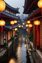 View of a village with chinese lampion on the buildings, dreamy chinese town, rainy evening, amazing wallpaper, photography