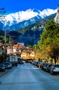 View from the village of  Litochoro at the snowy mountain of Olympus Royalty Free Stock Photo