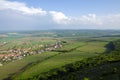 View of the village of Pavlov and the vineyards and fields in the area of Palava - South Moravia under a blue sky