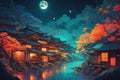 View of a village under the moonlight in Japan in impressionist style