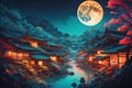 View of a village under the moonlight in Japan in impressionist style