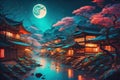 View of a village under the moonlight in Japan in impressionist style