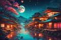 View of a village under the moonlight in Japan in impressionist style